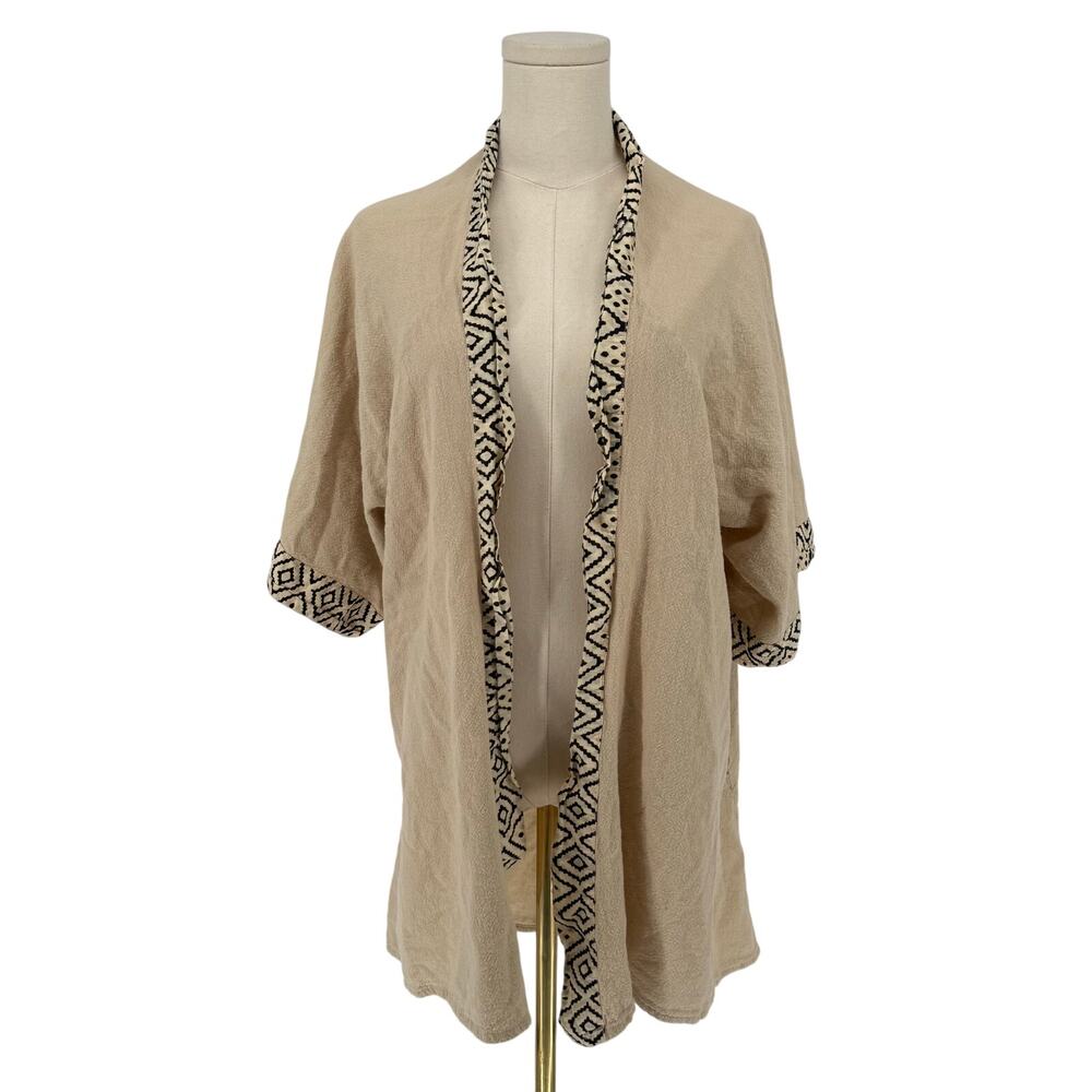 Bohemian Open Front Cardigan Sweater Mid Length Lightweight Linen Blend Beige